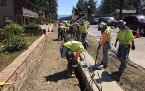 Caltrans workers repaving a sidewalk 